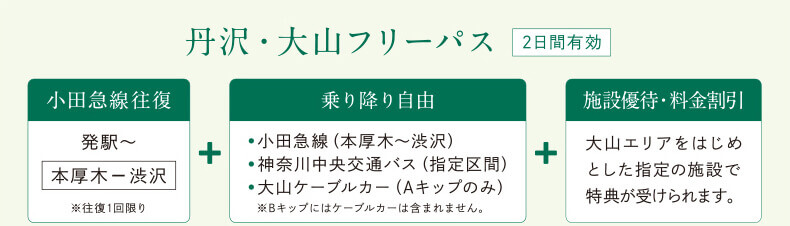 丹沢・大山フリーパス 2日間有効 小田急線往復 発駅～本厚木－渋沢 ※往復1回限り + 乗り降り自由・小田急線（本厚木～渋沢 ・神奈川中央交通バス（指定区間）・大山ケーブルカー（Aキップのみ ※Bキップにはケーブルカーは含まれません。 + 施設優待・料金割引 大山エリアをはじめとした指定の施設で特典が受けられます。